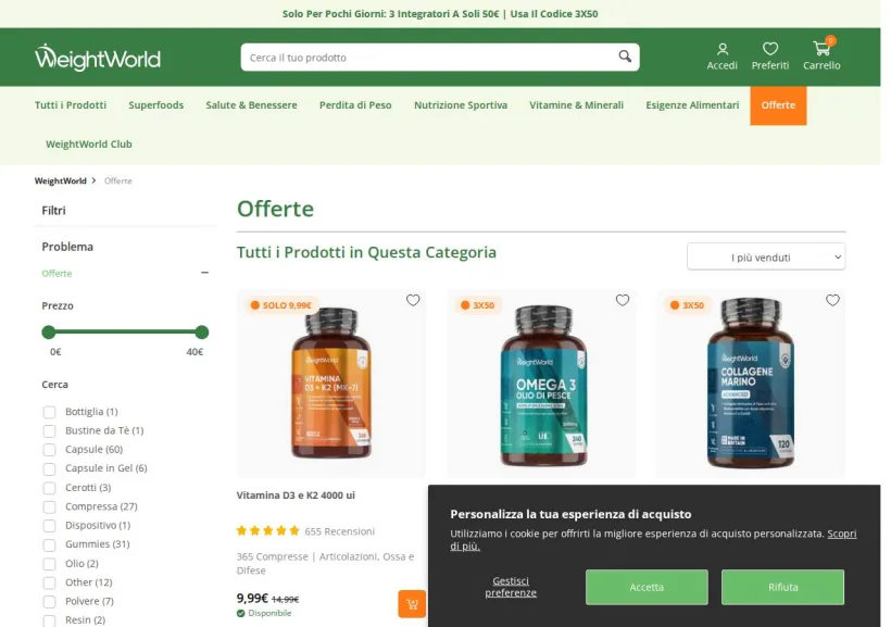Schermata della pagina offerta di WeightWorld
