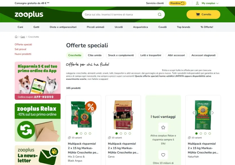 Schermata della pagina offerta di Zooplus