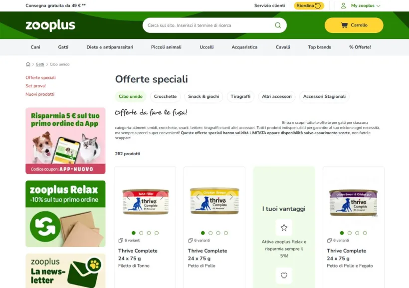 Schermata della pagina offerta di Zooplus