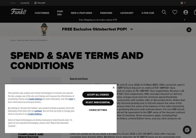 Schermata della pagina offerta di Funko