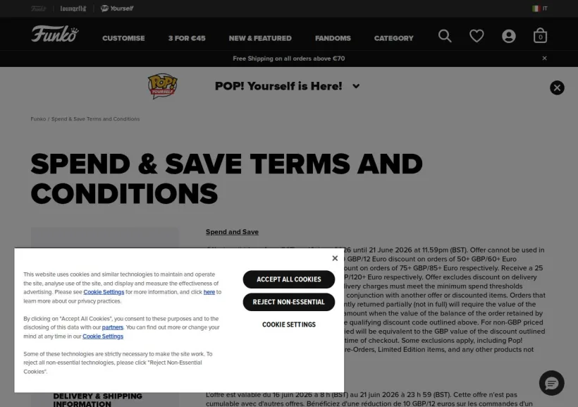 Schermata della pagina offerta di Funko