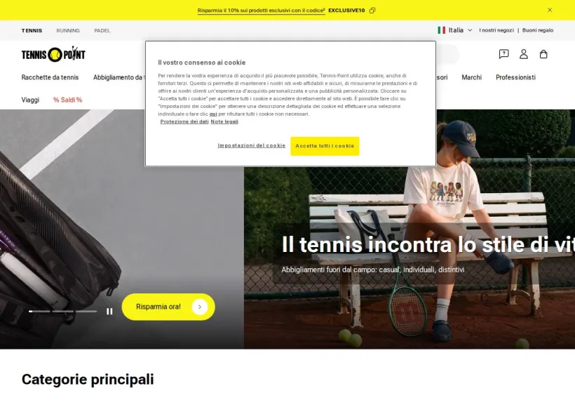 Schermata della pagina offerta di Tennis Point