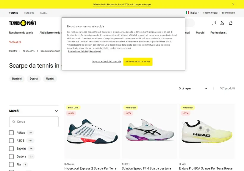 Schermata della pagina offerta di Tennis Point