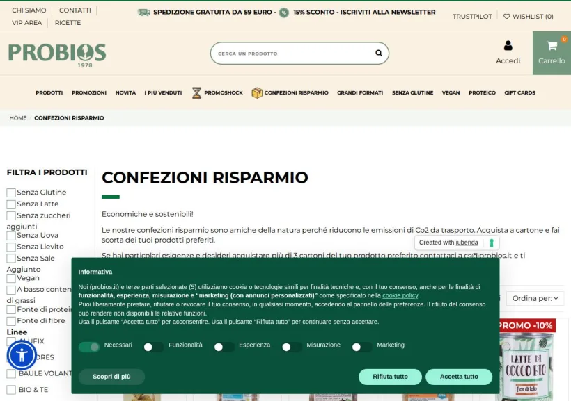 Schermata della pagina offerta di Probios