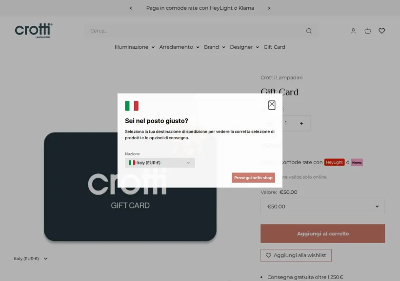 Schermata della pagina offerta di Crotti Lampadari
