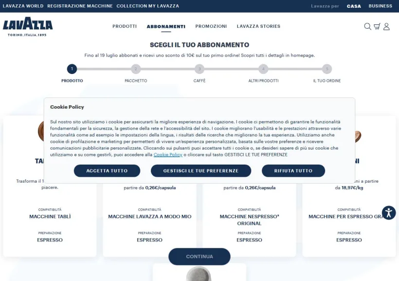 Schermata della pagina offerta di Lavazza