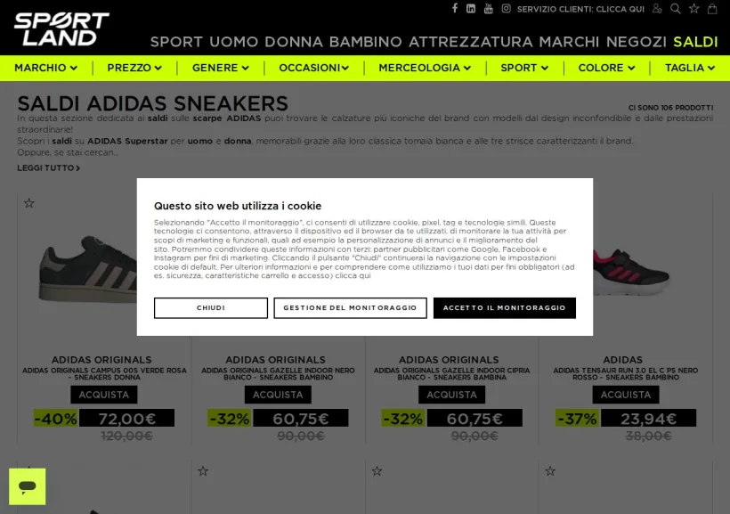 Schermata della pagina offerta di Sportland
