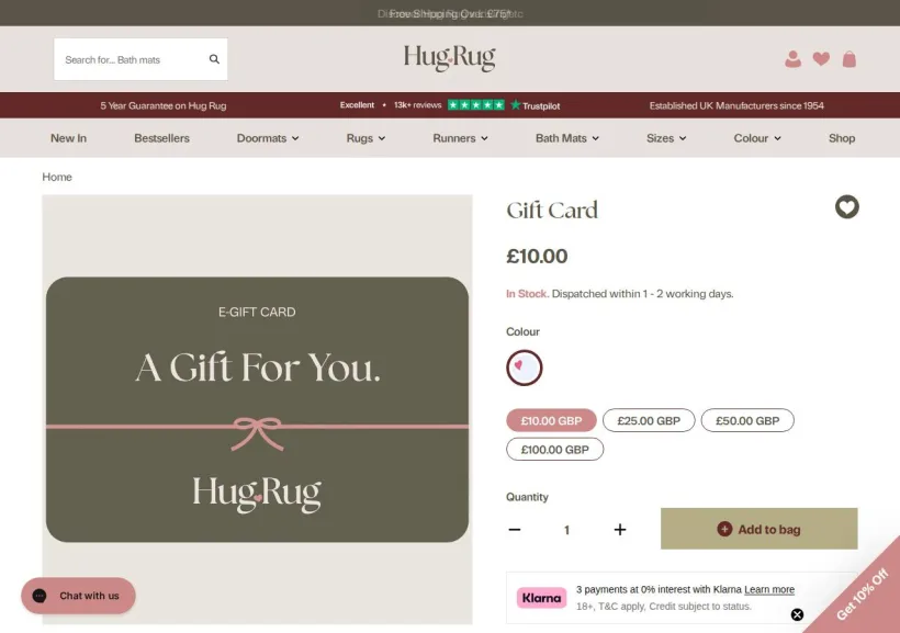 Schermata della pagina offerta di Hugrug.co.uk