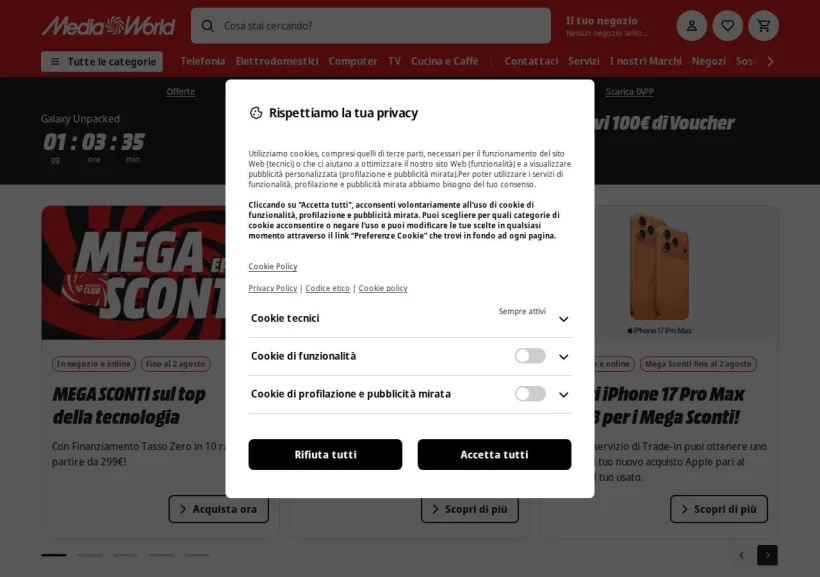 Schermata della pagina offerta di Mediaworld