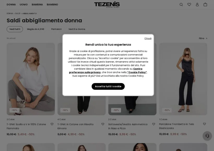 Schermata della pagina offerta di Tezenis