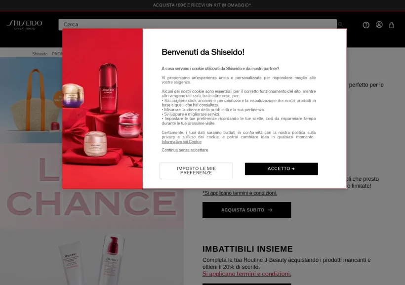 Schermata della pagina offerta di Shiseido