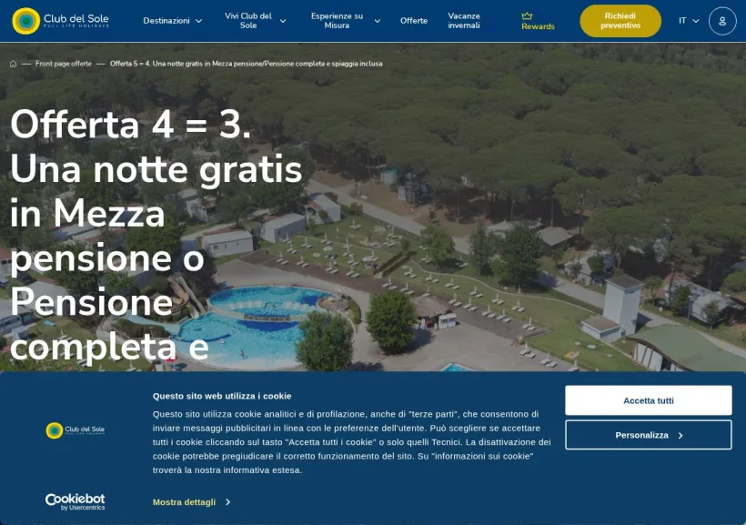 Schermata della pagina offerta di Club del Sole