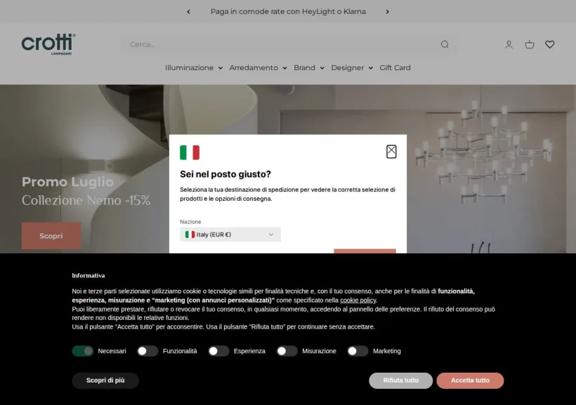 Schermata della pagina offerta di Crotti Lampadari