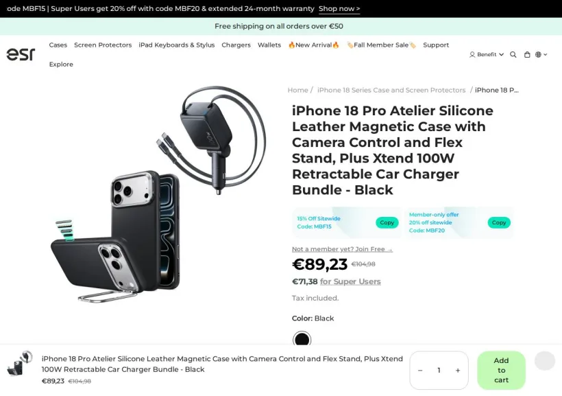 Schermata della pagina offerta di ESR Tech (EU)