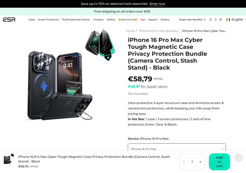 Schermata della pagina offerta di ESR Tech (EU)