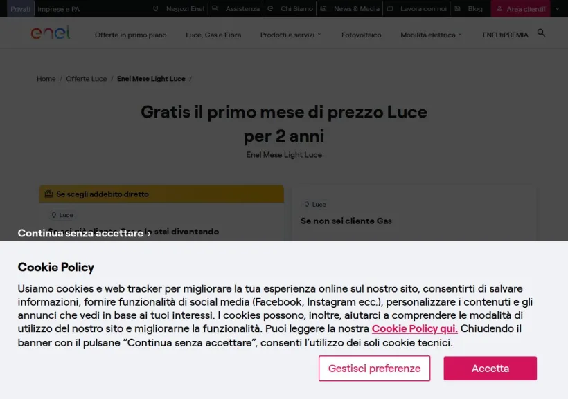 Schermata della pagina offerta di Enel