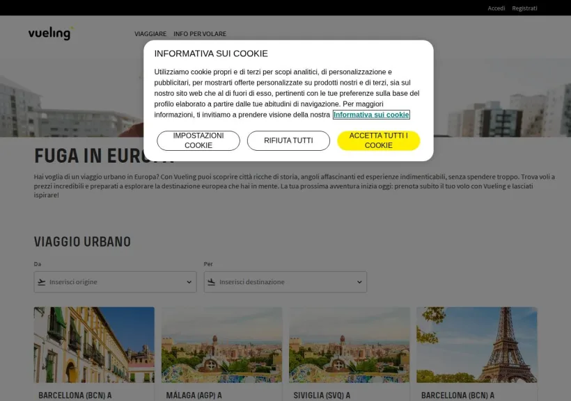 Schermata della pagina offerta di Vueling
