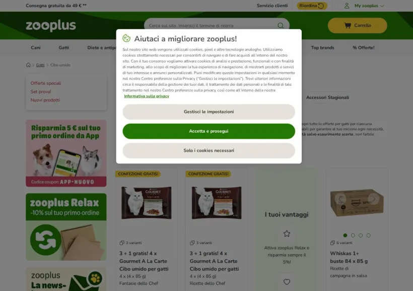 Schermata della pagina offerta di Zooplus