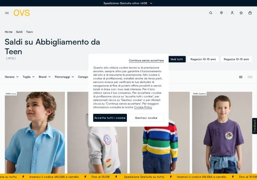 Schermata della pagina offerta di OVS