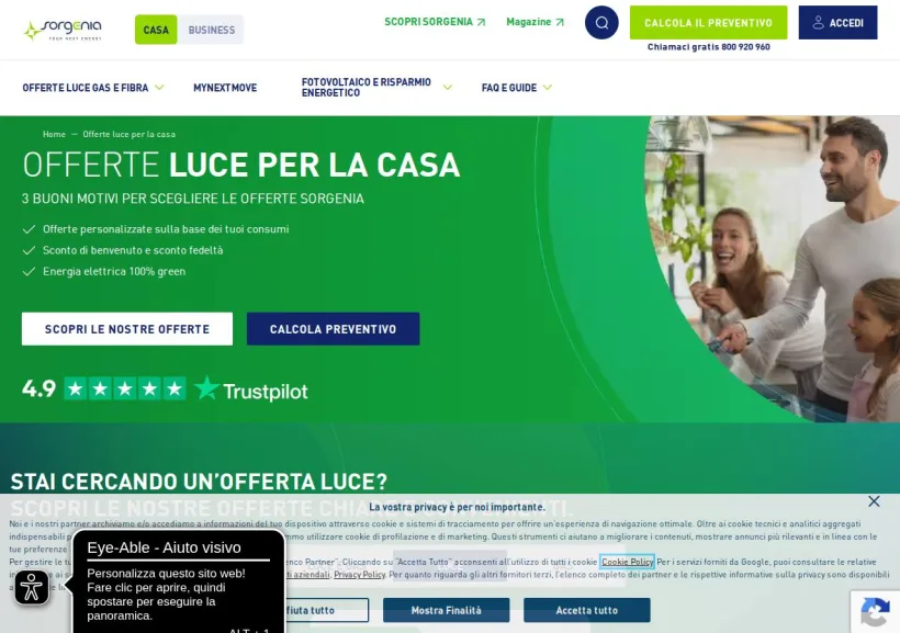 Schermata della pagina offerta di Sorgenia