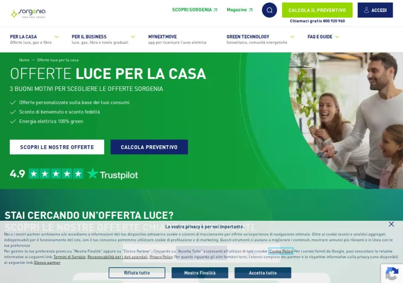 Schermata della pagina offerta di Sorgenia