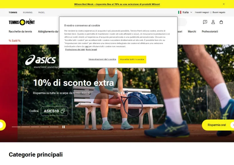 Schermata della pagina offerta di Tennis Point
