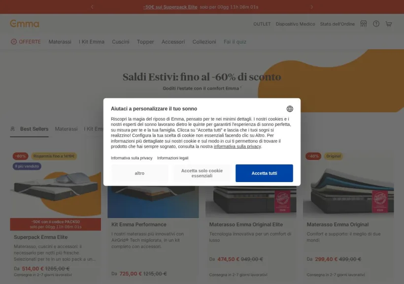 Schermata della pagina offerta di Emma Mattress