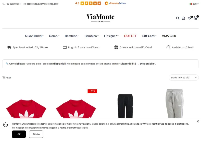Schermata della pagina offerta di Via Monte Shop