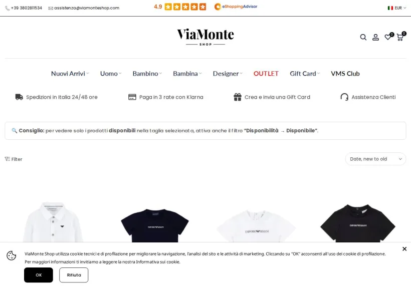 Schermata della pagina offerta di Via Monte Shop