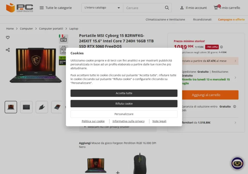 Schermata della pagina offerta di Pc Componentes