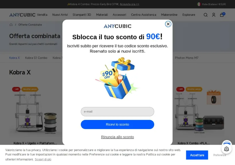 Schermata della pagina offerta di Anycubic