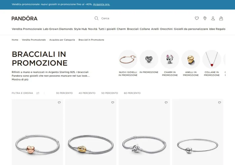 Schermata della pagina offerta di Pandora