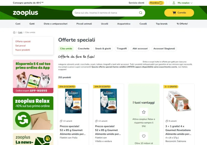 Schermata della pagina offerta di Zooplus