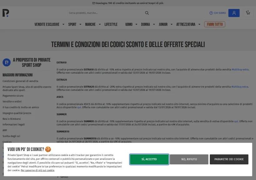 Schermata della pagina offerta di Private Sport Shop