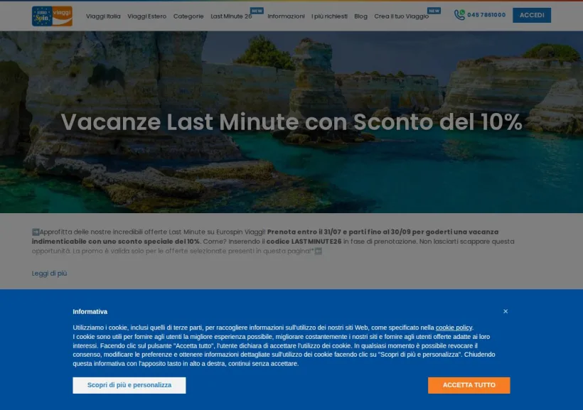 Schermata della pagina offerta di Eurospin Viaggi