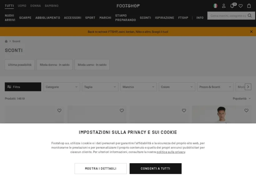 Schermata della pagina offerta di Footshop