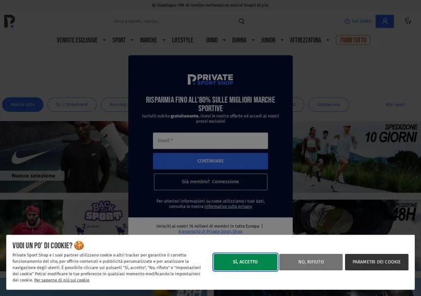 Schermata della pagina offerta di Private Sport Shop