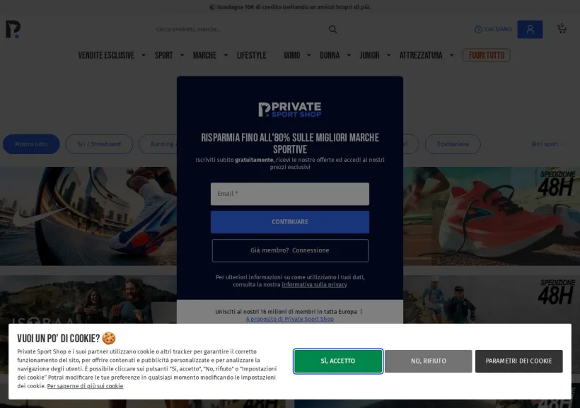 Schermata della pagina offerta di Private Sport Shop