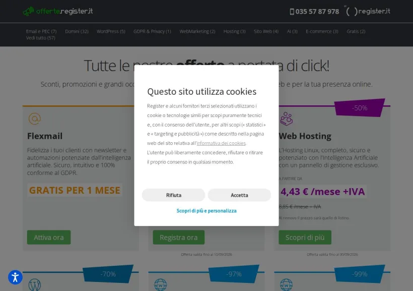 Schermata della pagina offerta di Register