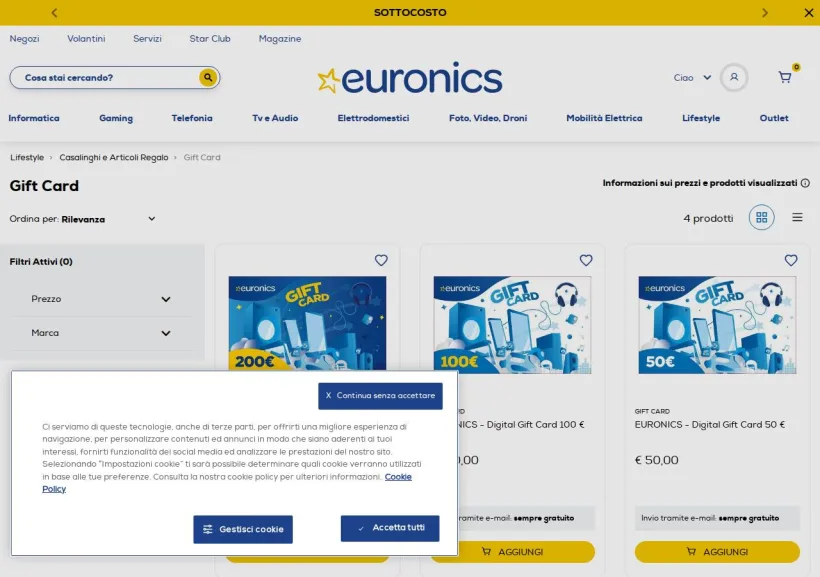 Schermata della pagina offerta di Euronics