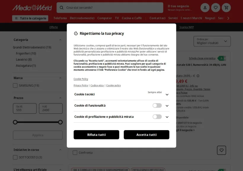 Schermata della pagina offerta di Mediaworld
