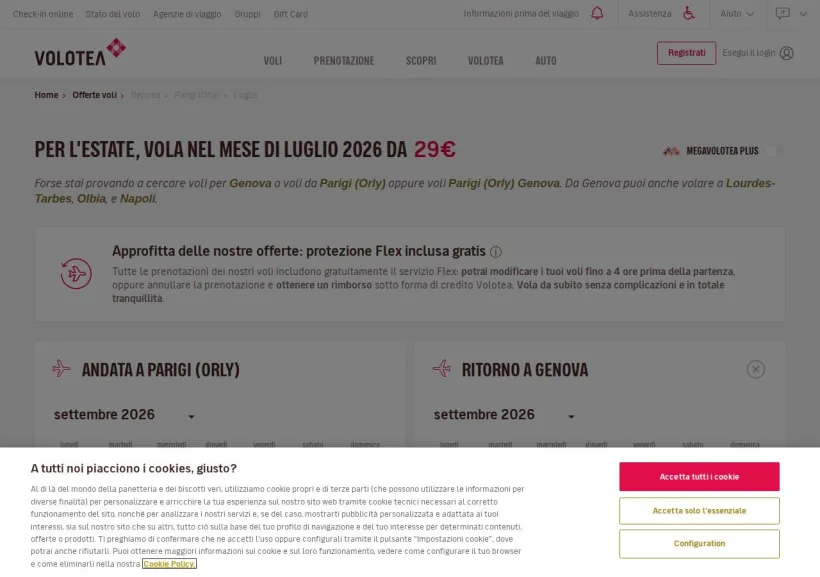 Schermata della pagina offerta di Volotea