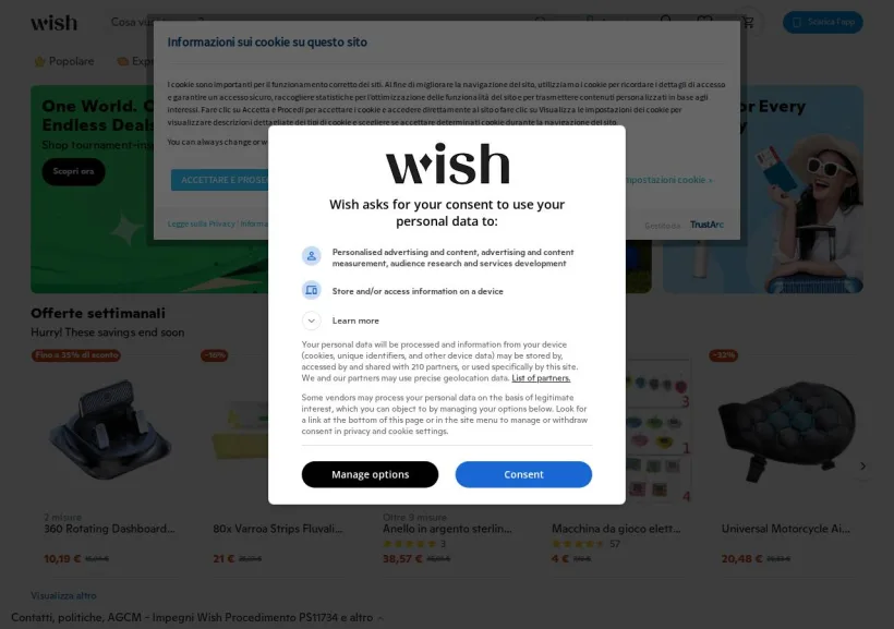 Schermata della pagina offerta di Wish