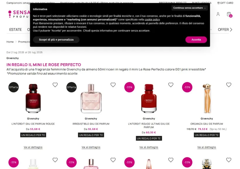 Schermata della pagina offerta di SensationProfumerie