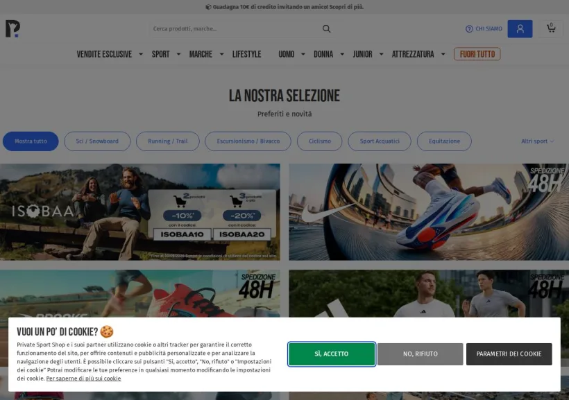 Schermata della pagina offerta di Private Sport Shop