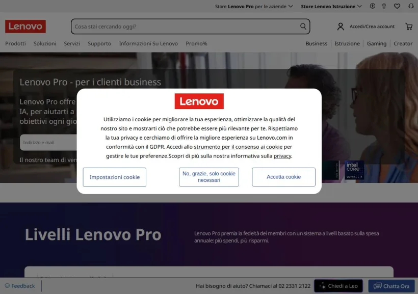 Schermata della pagina offerta di Lenovo