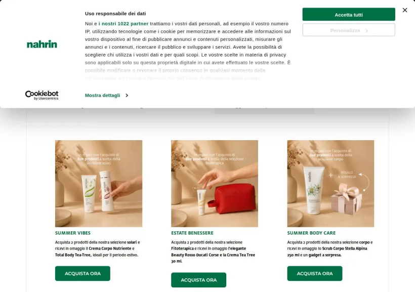 Schermata della pagina offerta di Nahrin