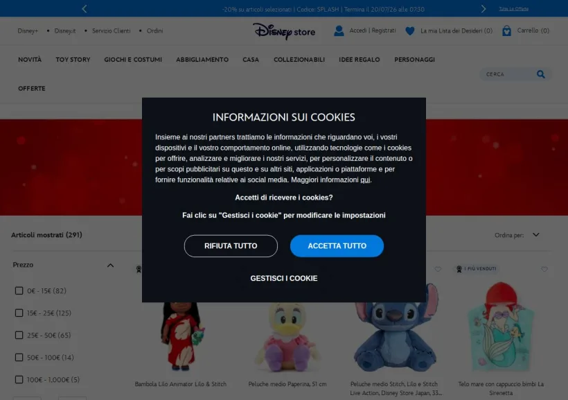 Schermata della pagina offerta di Shop Disney
