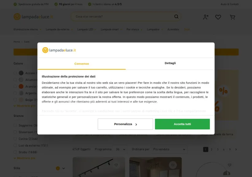 Schermata della pagina offerta di Lampada e Luce