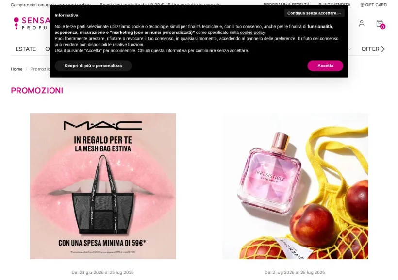 Schermata della pagina offerta di SensationProfumerie